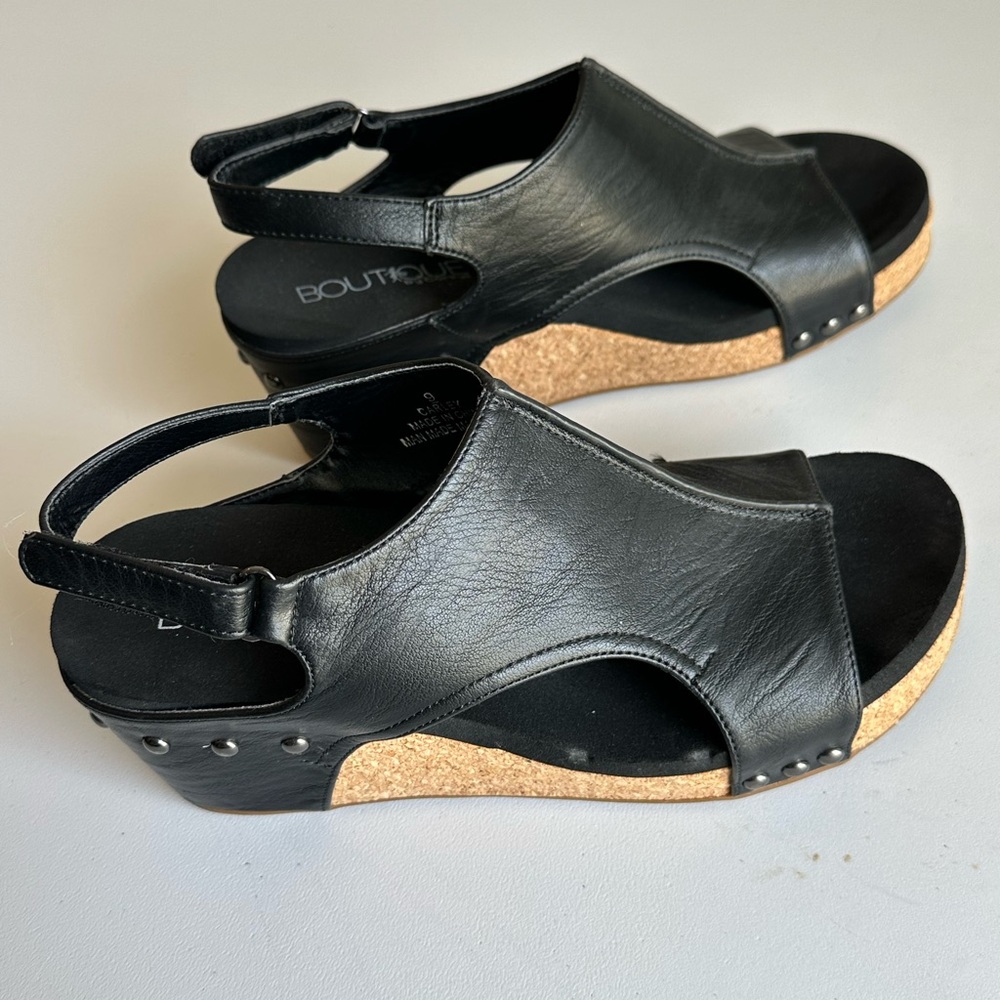 Corkys Carly Black Leather Slingback Cork Wedge Sandals